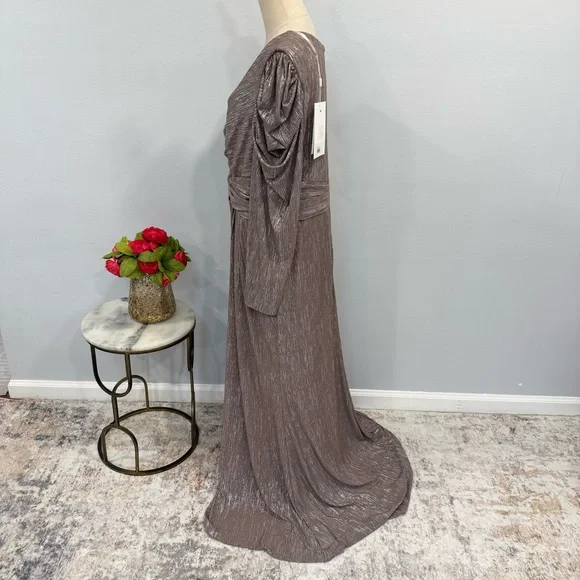 Mac Duggal 49503 Mauve Taupe Metallic Faux Wrap Draped Puff Sleeve Gown -Reemoly